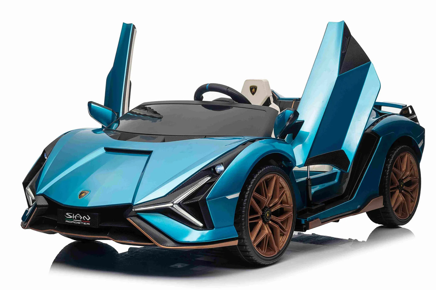 Blue 24v Luxury Lamborghini Sian sports car with electric ride on and open scissor doors for kids on a white background.