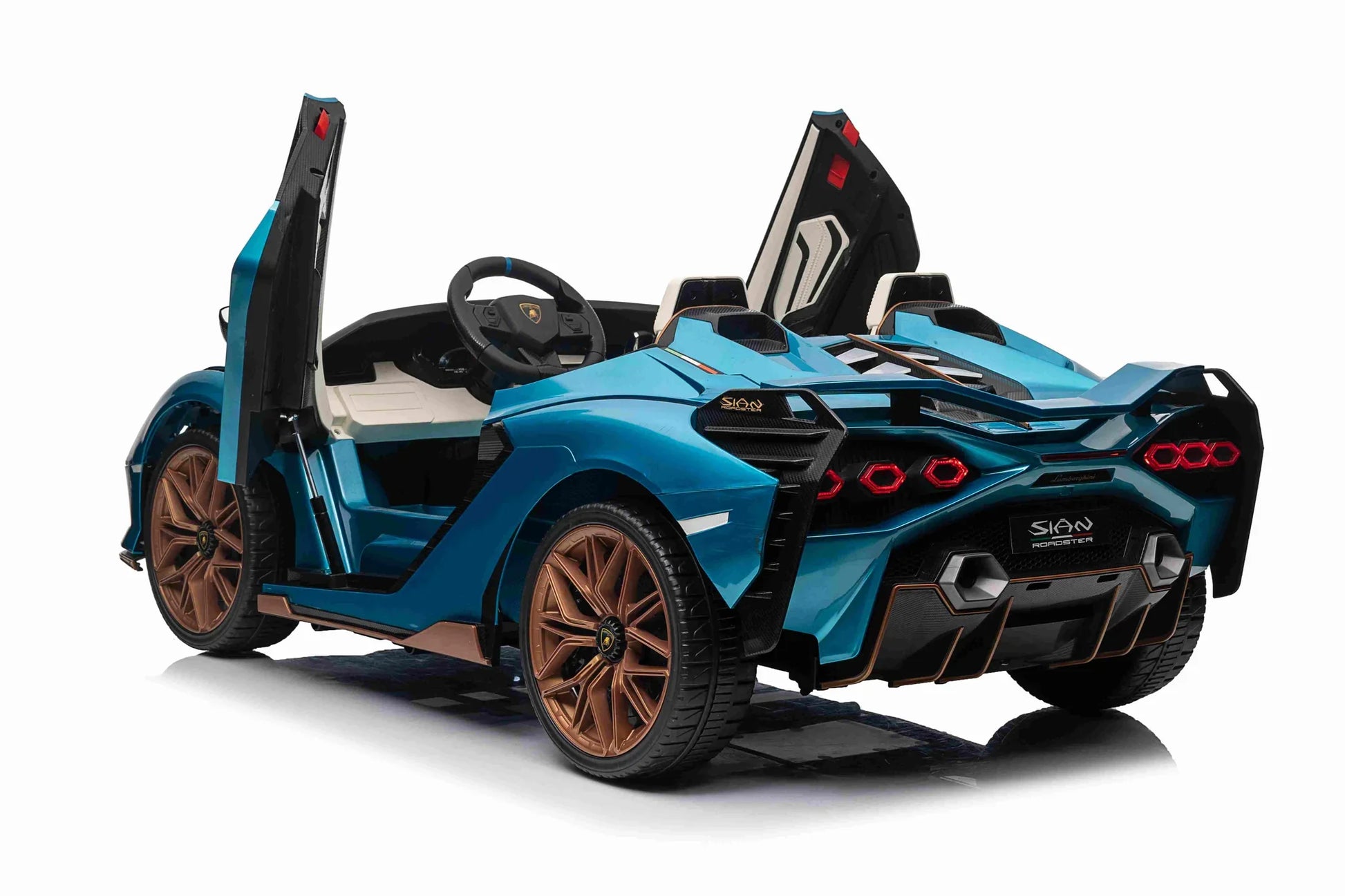 Blue Lamborghini Sian 24v 4WD 2-seater electric ride-on sports car with open wing doors displayed on a white background.