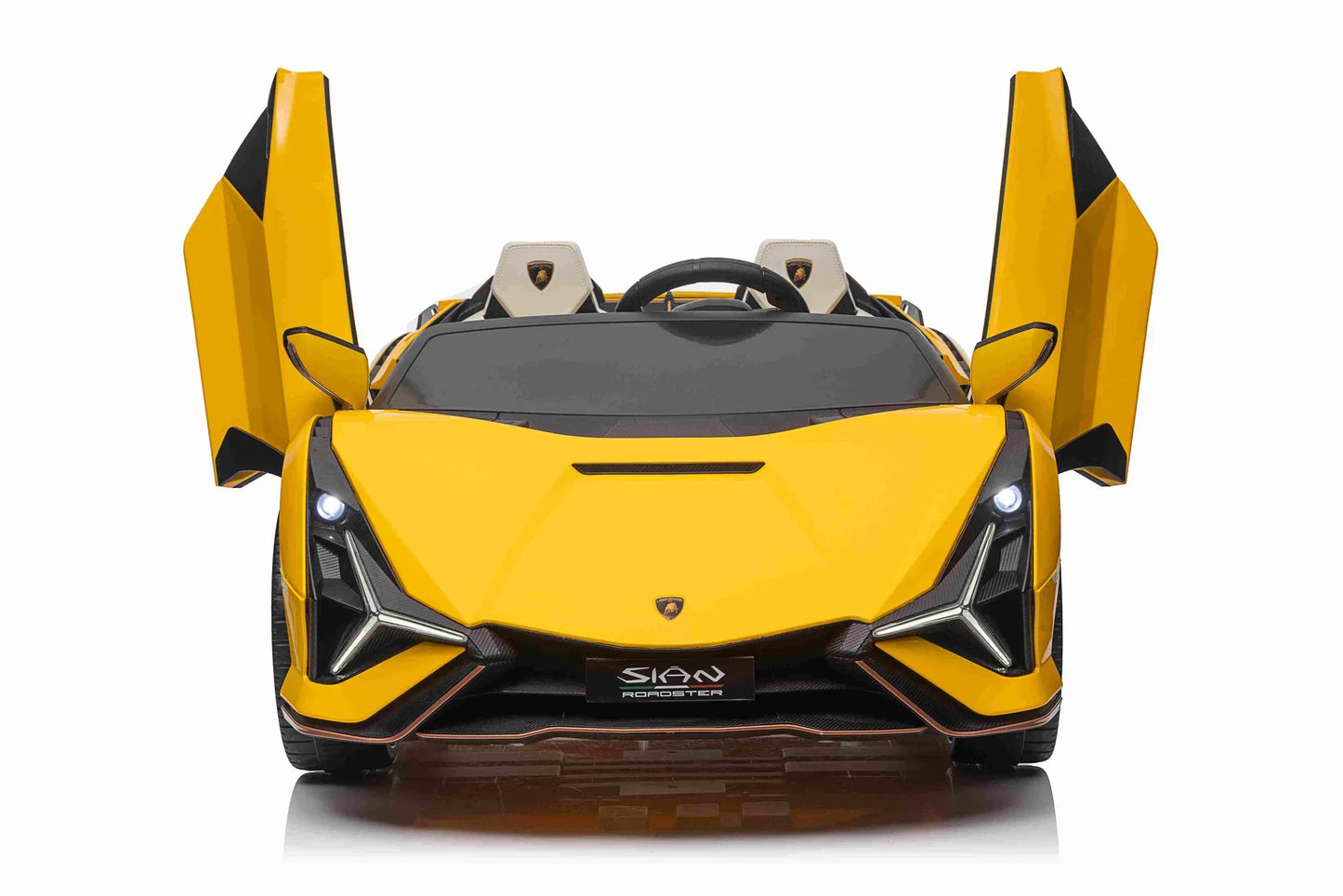 Yellow Lamborghini Sian convertible electric ride with open upward doors for kids