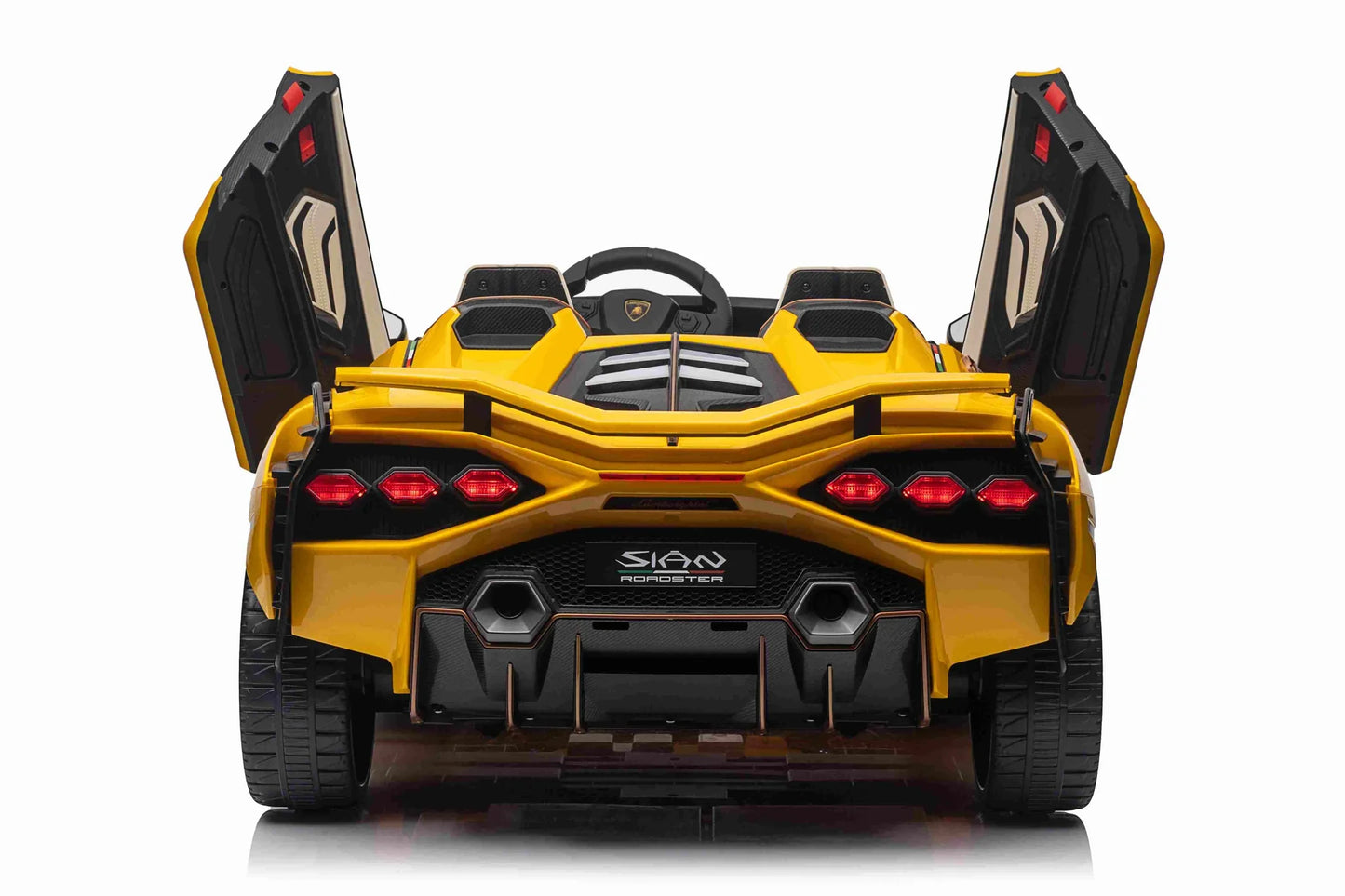 Yellow Lamborghini Sian 24v electric ride on, 4-wheel drive, two-seater kids car with doors open, viewed from rear.