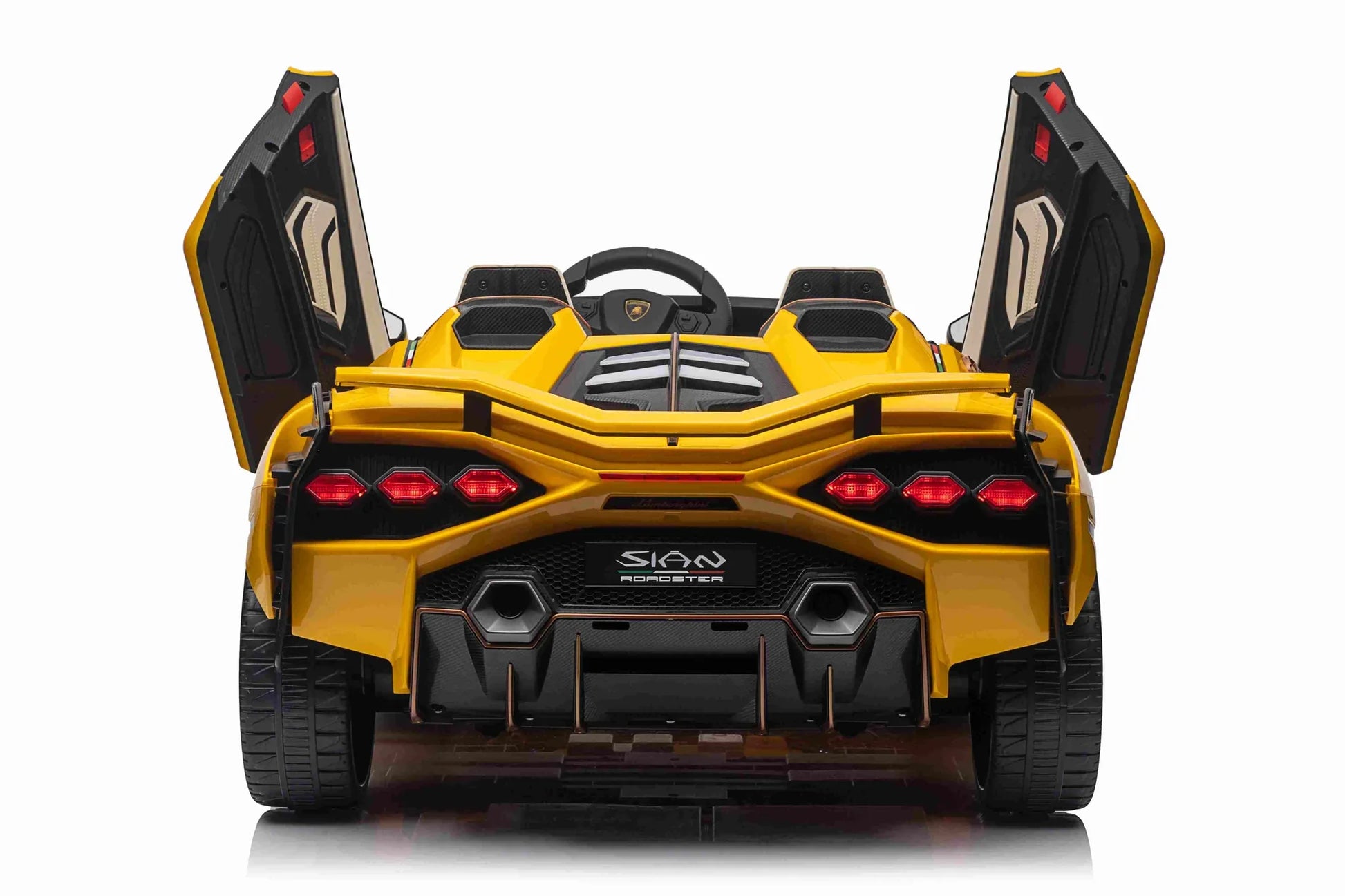 Yellow Lamborghini Sian 24v electric ride on, 4-wheel drive, two-seater kids car with doors open, viewed from rear.