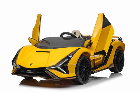 Yellow Lamborghini Sian 24v electric ride on, 4WD, 2 seater car for kids with vertically opening doors