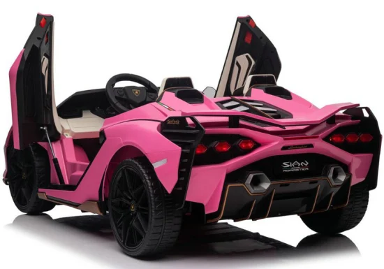 Pink and black Lamborghini Sian sports car for kids with upward-opening doors, electric ride on feature and parental remote control