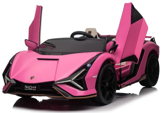 Pink Lamborghini Sian luxury electric ride on car for kids with upwards opening doors