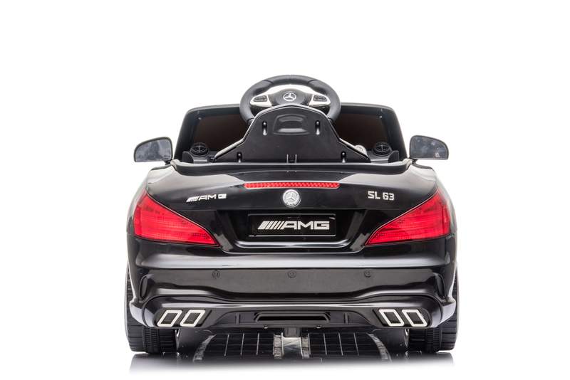 Black Mercedes SL63 electric ride on car for kids, rear view, isolated on white background.