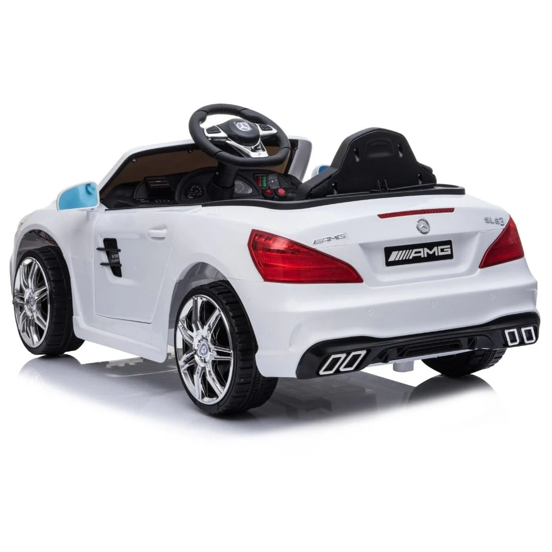 White Mercedes SL63 kids car with open top and visible rear design, modelled after a Mercedes Benz AMG.