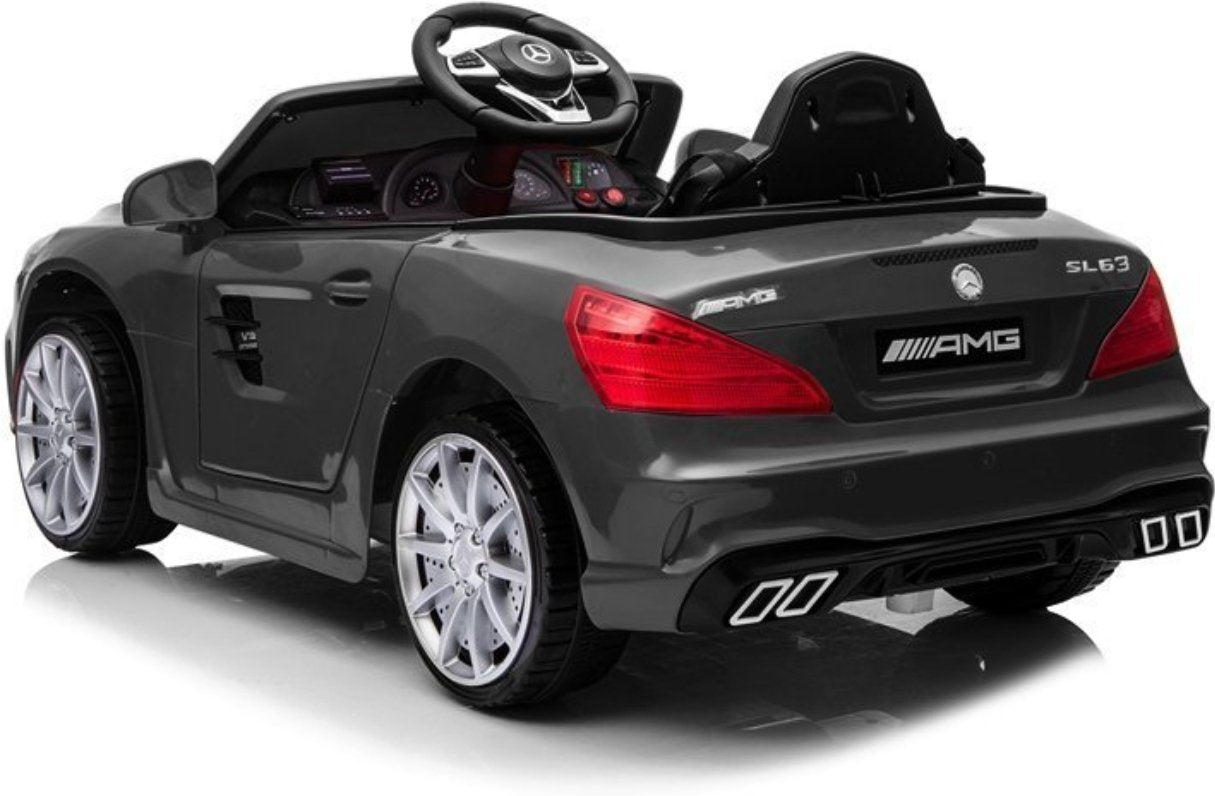 Black Mercedes SL63 toy car with electric ride-on feature, silver rims, and safety features for kids