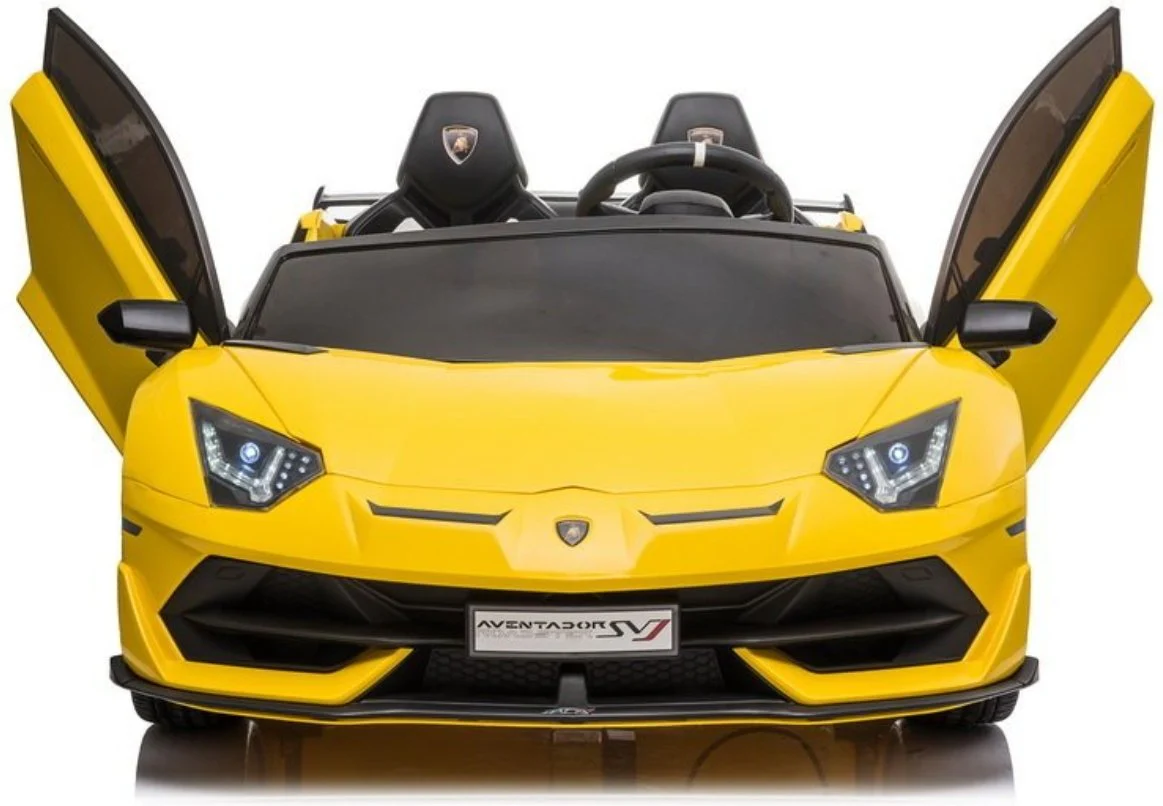 Yellow two-seater Lamborghini SVJ kids electric ride-on car with drift mode and open doors.