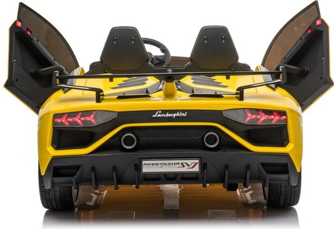 Yellow 24V XL 2-Seater Drift Mode Licensed Lamborghini SVJ children's electric ride on car, back view with open doors and unique taillights.