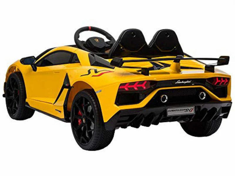 Yellow 2-seater Lamborghini SVJ electric ride on car for kids on a white background