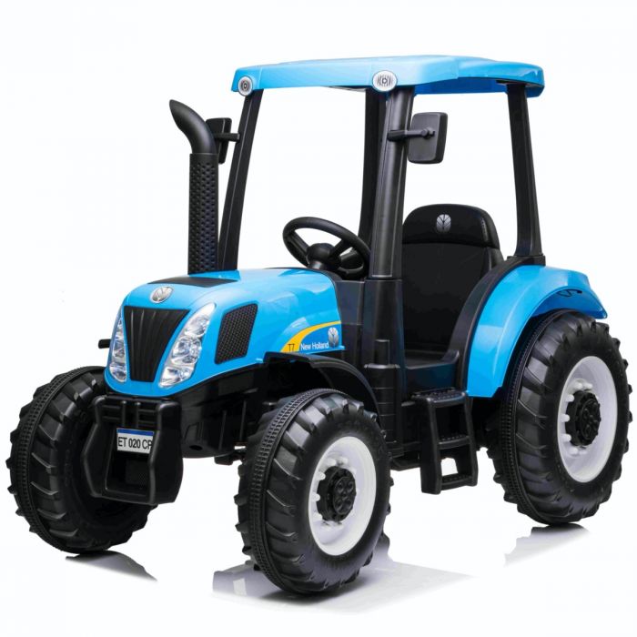 Blue New Holland T7 Electric Ride On Tractor for kids, 24V, isolated on white background