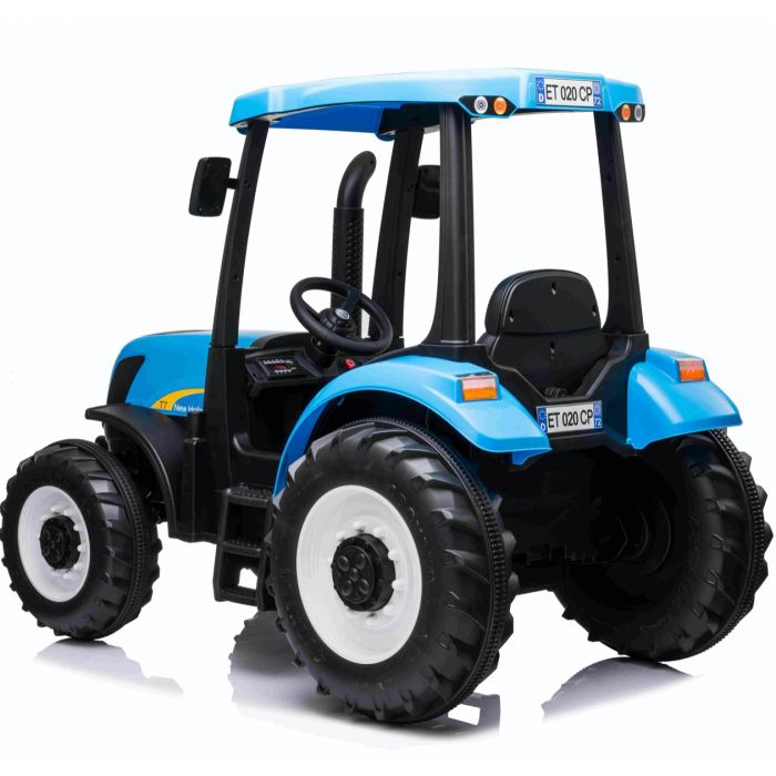 Blue New Holland T7 Compact Electric Ride On Tractor for Kids on White Background.