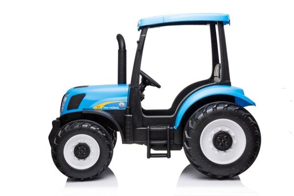 Blue New Holland T7 Tractor Kids Electric Ride On Toy with Parental Remote Control on a White Background