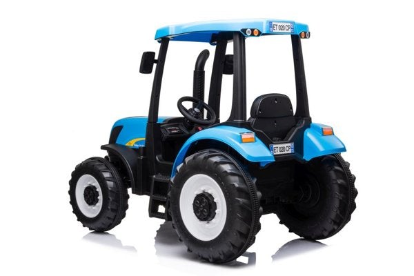 Blue and Black New Holland T7 Electric Ride On Tractor for Kids on White Background