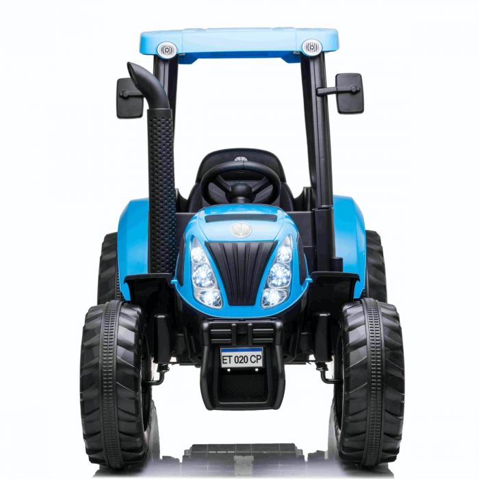 Blue Licensed New Holland T7 Electric Ride On Tractor for Kids, 24V isolated on a white background.