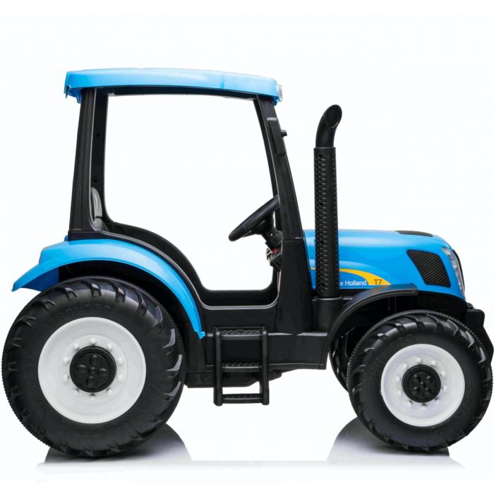 Blue and black Licensed New Holland T7 Kids Tractor, 24V Electric Ride On, isolated on white background.