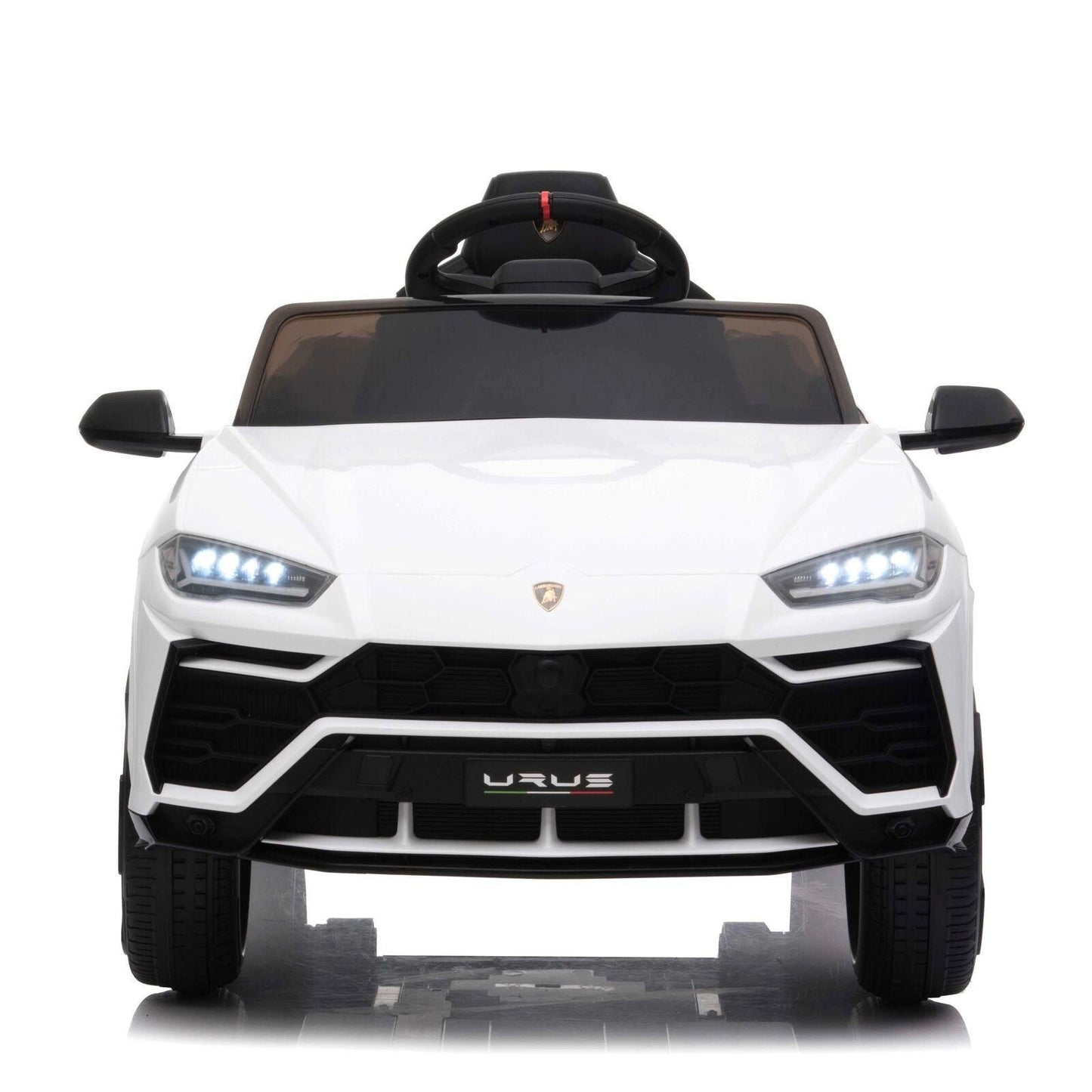 "White Lamborghini Urus, a 12-volt electric SUV ride-on car for children"