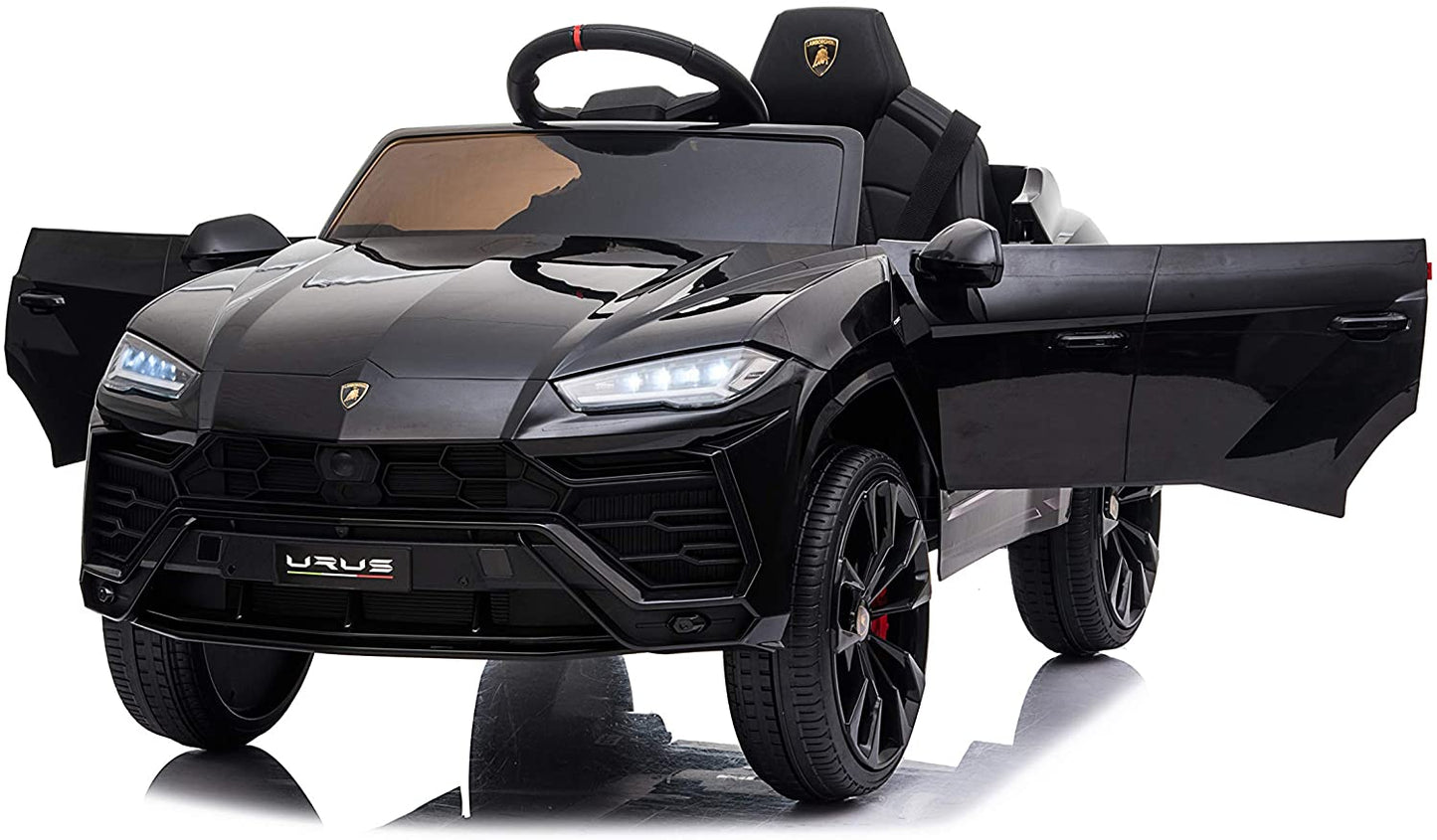 Black Lamborghini Urus electric ride-on toy car with open doors for kids