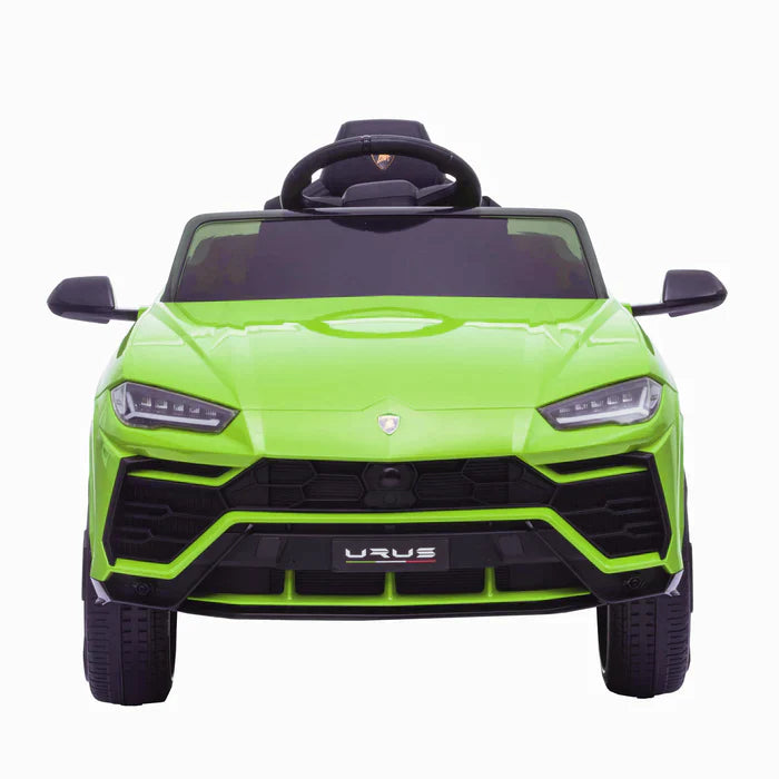 Green Lamborghini Urus electric ride-on toy for kids, 12 Volt SUV model on white background