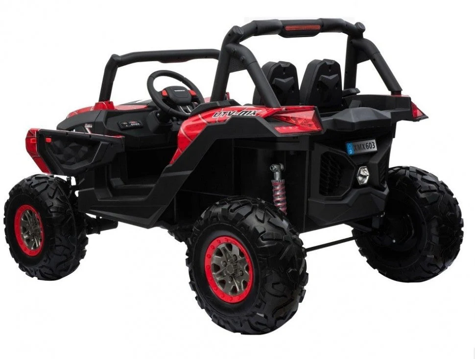 "Kids Car Store's UTV-MX Buggy Styled 24V Electric Kid's Ride On with Red Spider-Web Design, EVA Tyres, Leather Seats, and MP4 Screen."