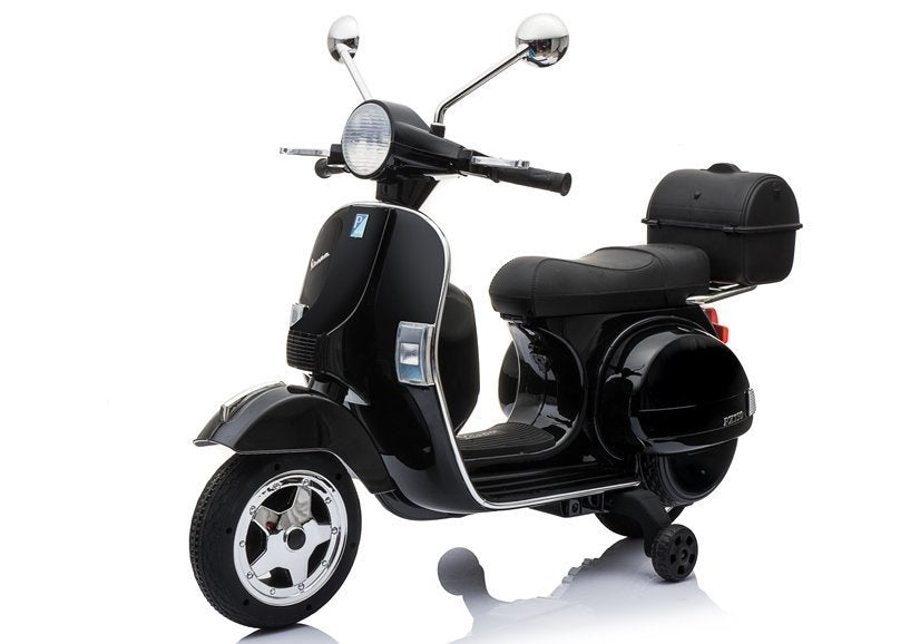 Black Vespa Ride-On Electric Scooter for Kids with Rear Storage Compartment