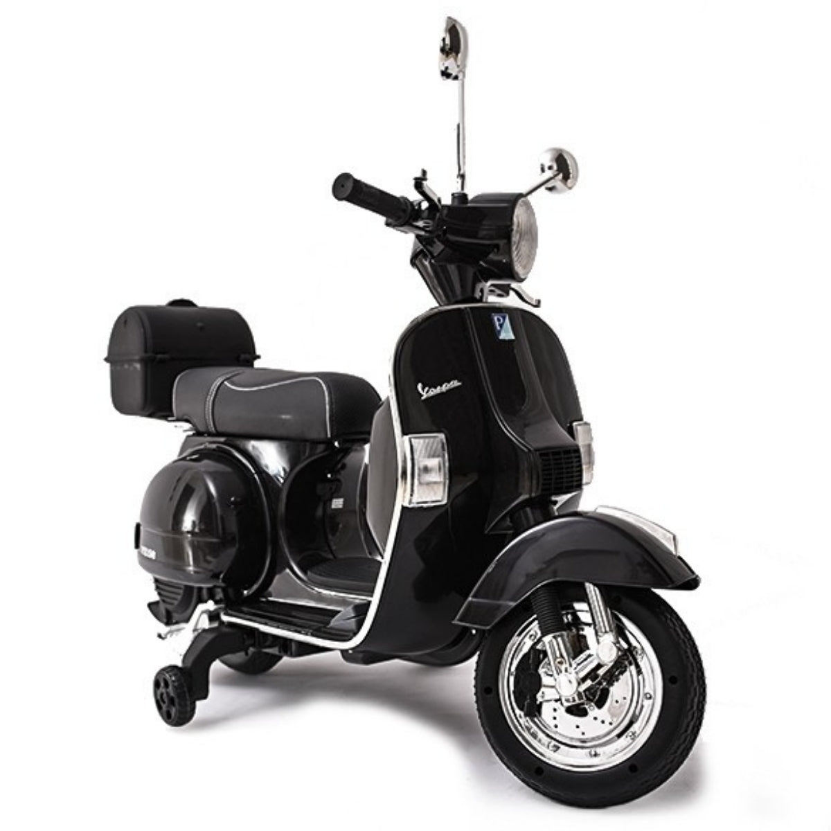 Black Vespa electric ride-on 12 Volt scooter with side mirror and rear storage for kids, isolated on white background.