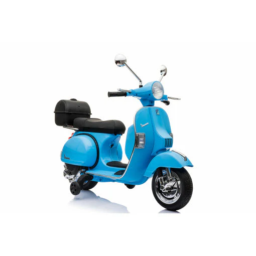 Blue Vespa Electric Ride On Scooter for kids with black seat and rear storage compartment