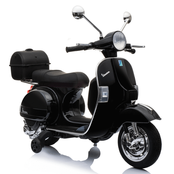 Black 12V electric ride-on Vespa for kids with chrome detailing and rear storage compartment on a white background.