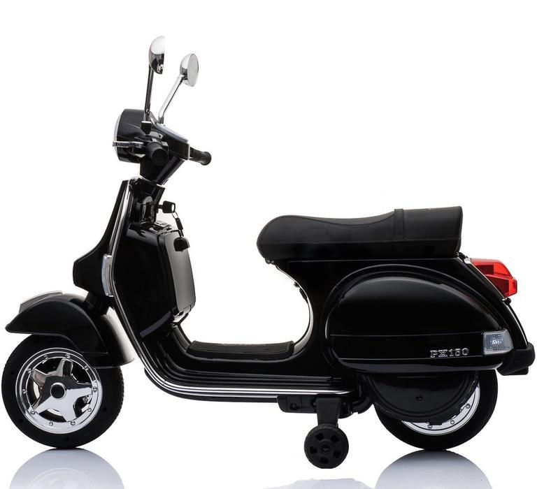 Vintage-style black scooter with side wheel for kids, electric ride on, displayed on a white backdrop.