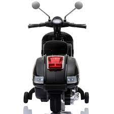 Front view of a black 12V Vespa ride-on scooter for kids with side mirrors, headlights and USB/SD connectivity.