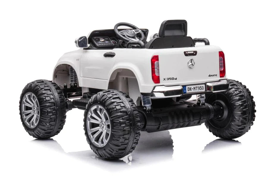 Electric Mercedes Monster Truck toy model with oversized wheels for kids, displayed on a white background.