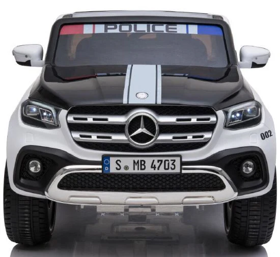 Front view of an electric police SUV ride-on for kids with 'police' on the windshield.